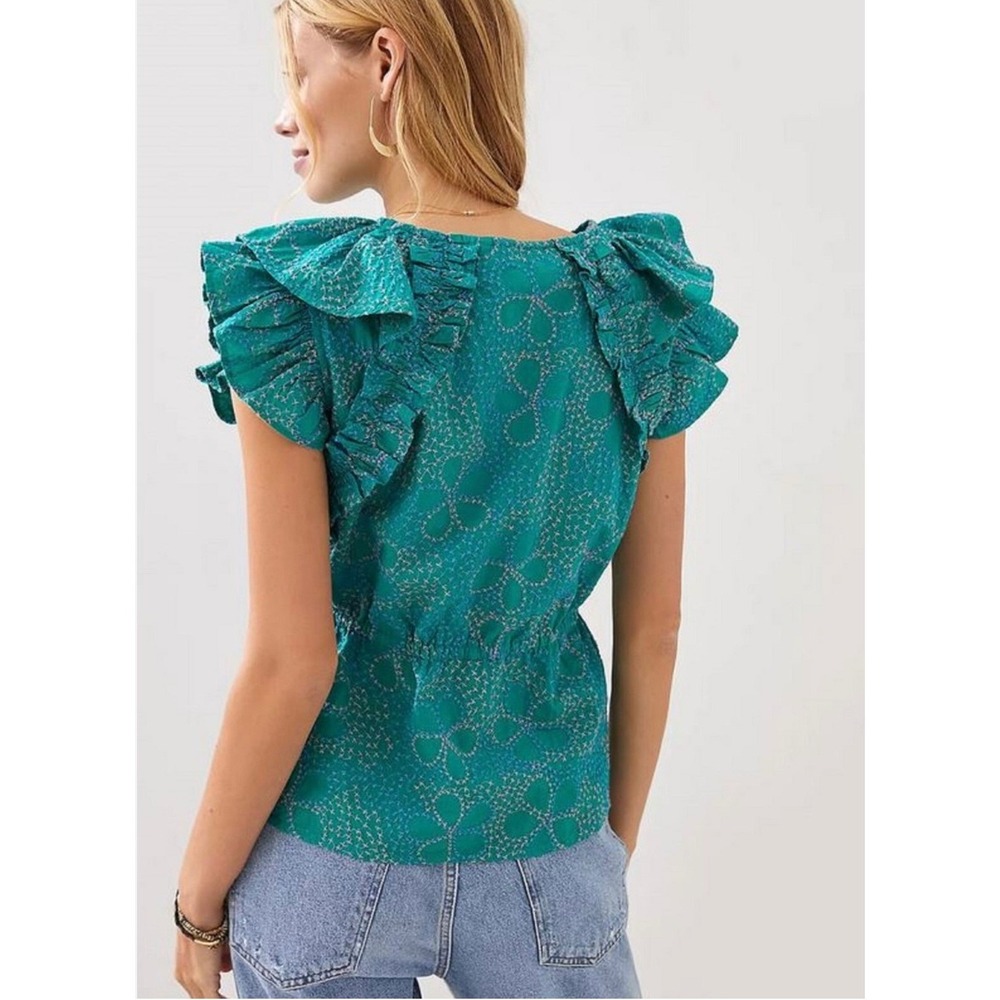 Maeve Anthropologie Emerald Green Embroidered Ruffle Sleeve Peplum Top L - Picture 2 of 8